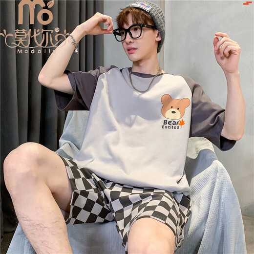 莫代尔青少年睡衣男孩夏季短袖纯棉初中学生12男童中大童15夏天薄款18岁 短689蓝色小熊 XL 加大版175CM/130-155斤
