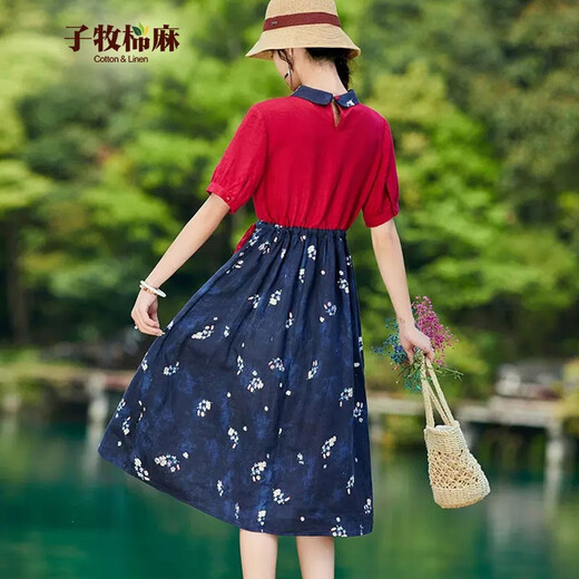 子牧棉麻夏装 女娃娃领套头收腰显瘦短袖连衣裙9765 红色 XXL(建议135-145斤)
