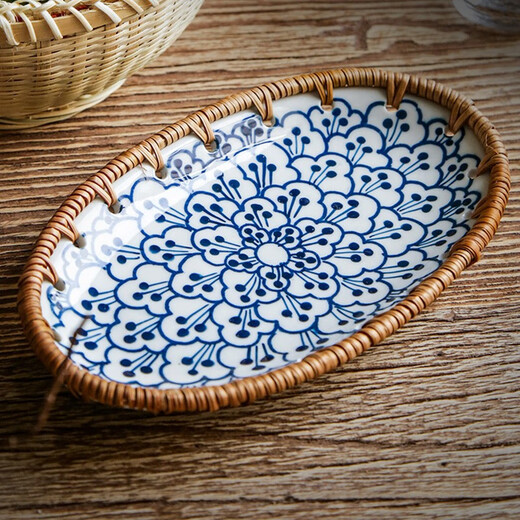 Zhenxiqi Tea Tray Chinese Dessert Tray Ceramic Rattan Fruit Tray Snack Tray Dry Fruit Tray Snack Tray Fruit Tray Small Sauce Ceramic Fruit Tray