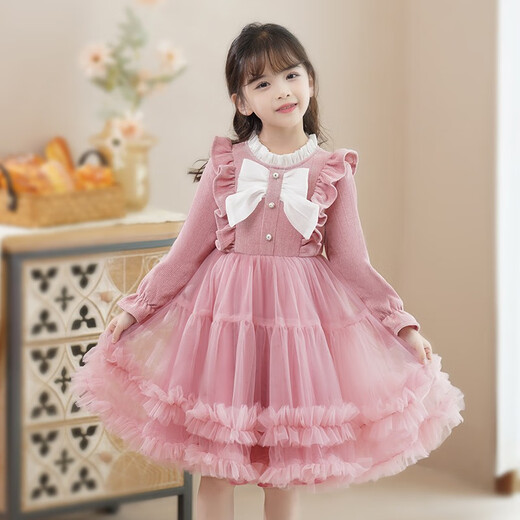 Anneyol girls dress spring and autumn skirt 2025 new children's style autumn dress little girl dress red princess dress pink velvet 120