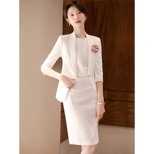 J-ME high-end suit jacket women's dress 2025 spring professional suit temperament five-quarter sleeve suit formal women's work clothes jacket + dress white L 105-115Jin Jin equals 0.5 kg