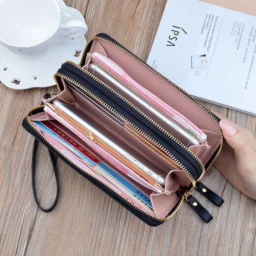 Knusprige Gruppe Neue Doppel-Reißverschluss Frauen Brieftasche Frauen Lange Mutter Brieftasche große Kapazität Kupplung Doppelschicht Multi-Card-Handy-Tasche Schwarz [Doppel-Reißverschluss]