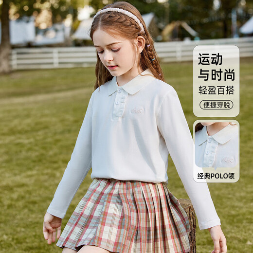 ASK JUNIOR Girls T-shirt 2026 Spring Solid Color Sports Leisure Versatile Children's Running Polo Shirt White 130