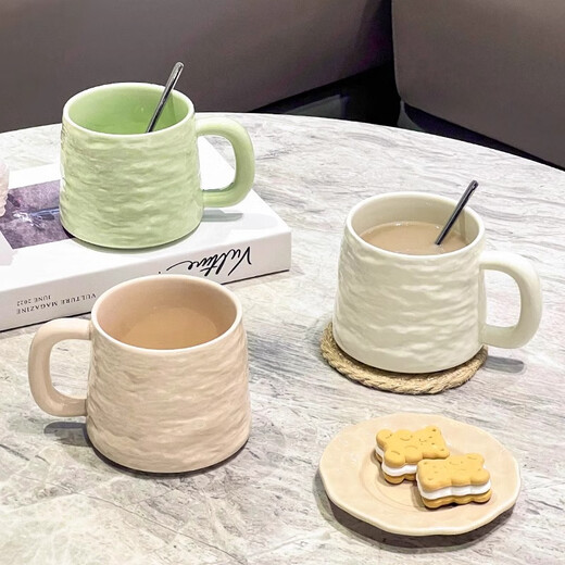 Wanjiaquan mug ceramic drinking cup home office coffee cup breakfast cup couple pair cup good-looking high-value cup stone grain milk yellow without spoon