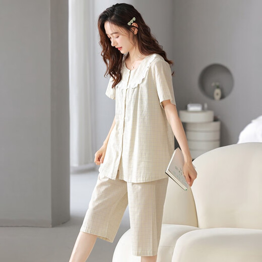
Yunzhi pajamas for women in summer woven pure cotton cropped sleeves trousers middle-aged mother summer thin women's home clothing suit 5012-Genting yellow XL (170): Recommended 120-140Jin [Jin equals 0.5 kg] to wear