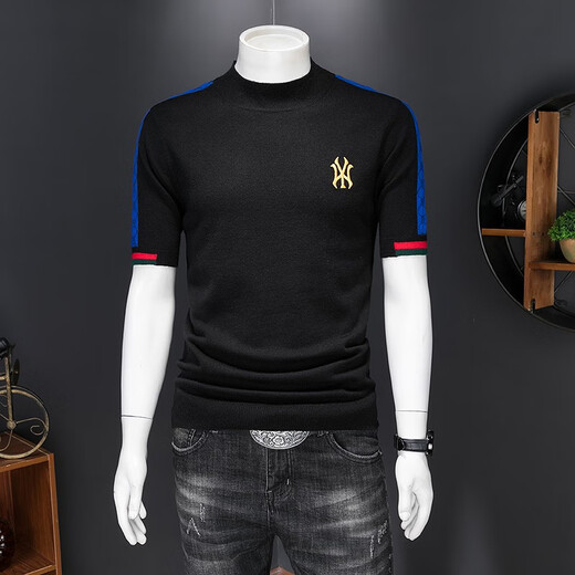 Mr. Guan short-sleeved sweater for men with half-high neck embroidered short-sleeved sweater for autumn and winter thickened half-sleeved sweater for men with middle-neck base shirt 9195 black L/175/50