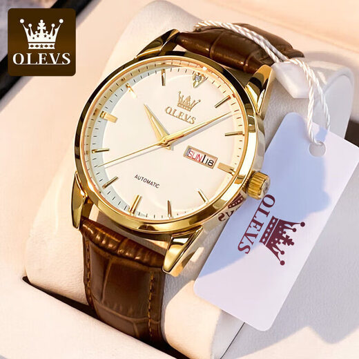 
OLEVS Swiss certified couple watches pair of trendy casual simple men and women belt watch luminous waterproof watch calendar [mechanical model] 6629-brown leather full gold and white men