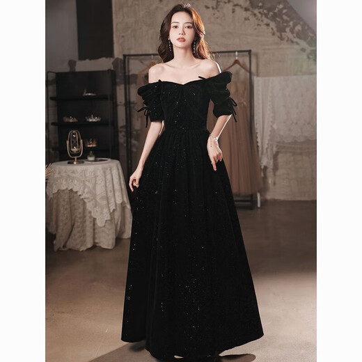 Gangdan black evening dress banquet evening dress 2024 new style elegant and slim annual meeting niche high-end dress dress black long XL