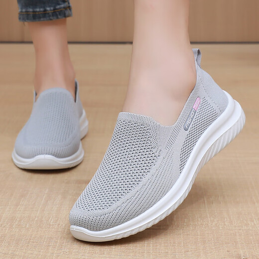 HKQD spring and summer old Beijing cloth shoes women's singles shoes casual breathable women's mother shoes non-slip soft sole middle-aged and elderly grandma shoes 6636 gray [normal size] 36
