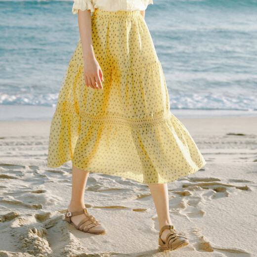 INMAN 2020 summer half-length skirt for girls fresh printed sweet floral long skirt cake skirt for women 1802128 goose yellow L