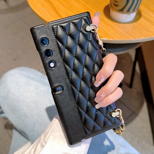 羽唐 荣耀V Purse钱包折叠屏手机壳斜挎背包链条荣耀vpurse高级感菱格小香风保护套全包防摔 黑色+斜挎背包链 荣耀V Purse