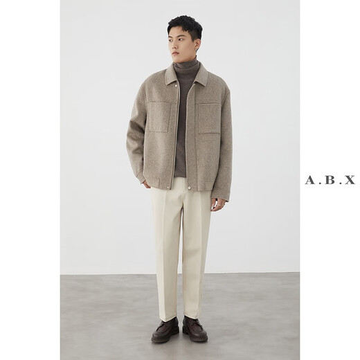 a.b.x.冬季重磅全羊毛翻领对称口袋罗纹底双面尼夹克 男呢子外套 卡其 M/170
