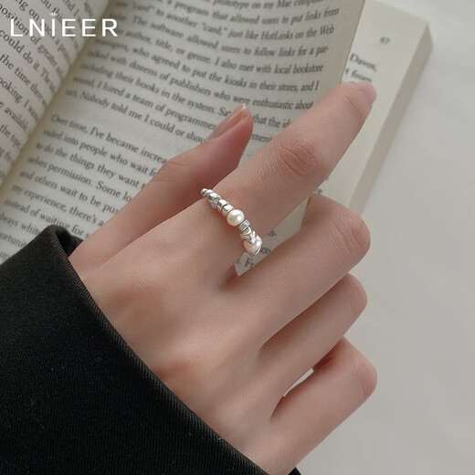 LnieerS925 Silver Broken Silver Pearl Ring Women's Light Luxury Niche Design Ring Index Finger High-Quality Ring Ring Broken Silver Pearl Ring (Size Adjustable)