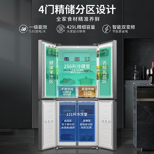 Rongsheng double-cycle refrigerator 429 liters double door cross door four-door first-class energy efficiency dual frequency conversion air-cooled frost-free ultra-thin embedded energy-saving gray mother and baby national subsidy Rongsheng double-cycle refrigerator BCD-429WD12FP