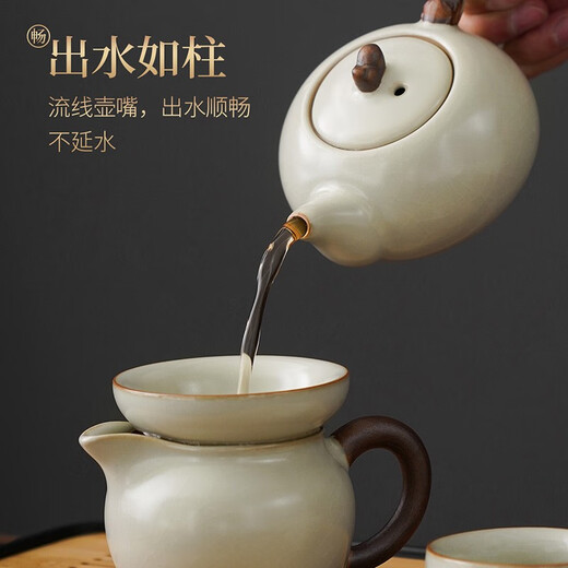 Qixuanyuan Beige Ru Kiln Kung Fu Tea Set Ceramic Teapot Cover Bowl Teacup Tea Tray Office Tea Set Complete Household Beige Ru Kiln Hometown Auspicious Pot 9-piece Set + Tea Tray