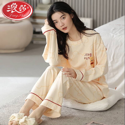 
LangSha (LangSha) Spring and Autumn Soft and Comfortable Women's Pajamas Long Sleeve Trousers Cotton Can be worn on the outside round neck casual home clothing set XB9922 M Women