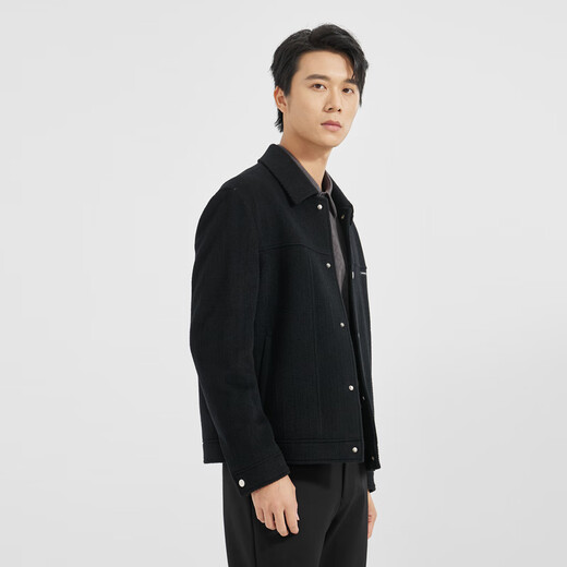 利郎轻时尚男装【针织暗提花】毛呢大衣男短款翻领羊毛外套A4DYR902 黑色 XL (175)