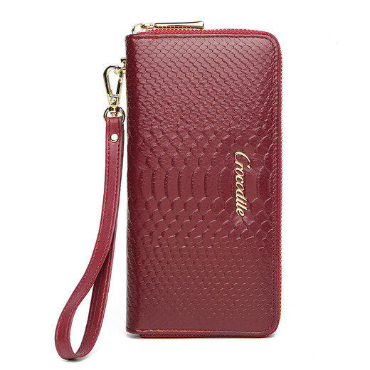 Crocodile shirt first layer cowhide long wallet snake pattern clutch bag women's fashion simple mobile phone bag T1983 wine red