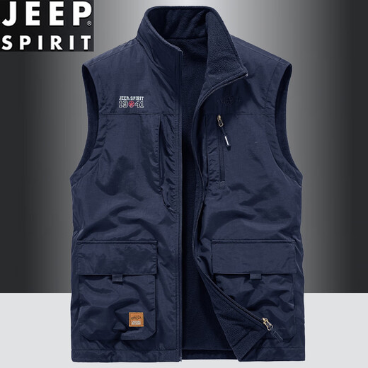 Jeep Spirit Stand-up-Kragenweste für Männer, die Fleece Slim Fit tragen, große Arbeitskleidung Multi-Pocket-Weste mittleren Alters dunkelblau 677A Kurzer Samt plus 2xl