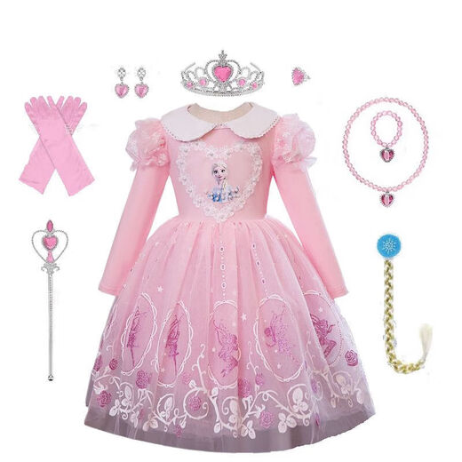 G.duck Elsa Princess Dress Girls Spring and Autumn Frozen Puff Dress Autumn and Winter Children's Elsa Dress Dress Skirt Long Sleeve Blue (with Veil) + Eight-piece Set 120 Suitable for heights around 110cm