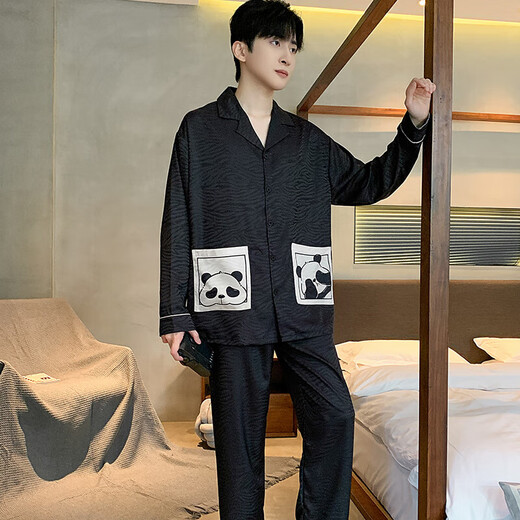 
Lanmiao LAMIU men's pajamas ice silk long sleeves 2024 new spring and autumn high-end imitation silk youth home clothing set high-quality ice silk 844 XL size height about 175 weight 130-150 Jin [Jin equals 0.5 kg]