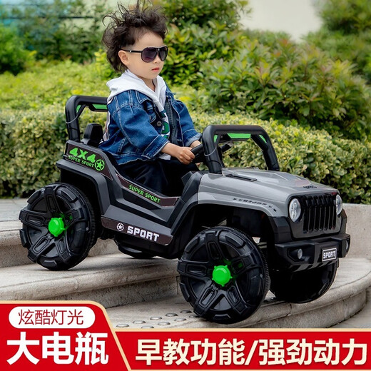 趣婴宝儿童电动车男孩四轮越野汽车小孩宝宝玩具电瓶车可坐人带遥控童车 灰12V超大电双驱-早教-遥控摇摆