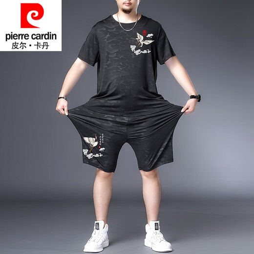 皮尔卡丹品牌高档男装220斤胖子套装肥佬冰丝速干T恤男胖子加肥加大码男装夏季休闲运动短袖短裤套装 黑色9922套装 收藏加购优先发货 5XL 200-225斤