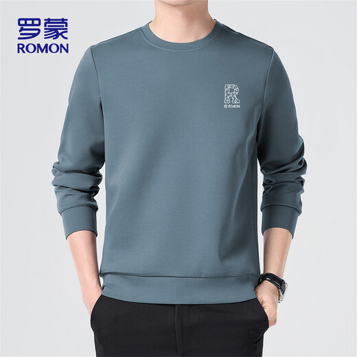 ROMON sweatshirt men's autumn and winter casual simple loose pullover round neck long-sleeved t-shirt bottoming shirt jacket WY02 fog blue XL