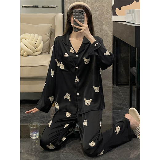 梦动睡衣女春秋季冰丝可爱小奶狗学生长袖薄款开衫女士家居服两件套装 B695#小熊(双长丝) M