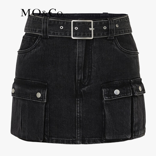MO&Co. Cool low-waisted denim culottes with cargo pockets, A-line shorts, rock wash and belt, Moanco, denim black, M 27