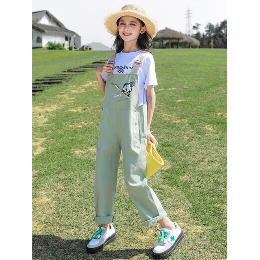 G.DUCKKIDS2025 new girls summer suit, cotton, western style, medium and large children's loose summer thin overalls two-piece set, Donald Duck overalls suit, pink 140