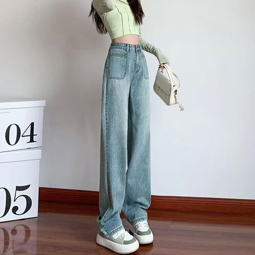吉莞美直筒牛仔裤女春秋设计美式休闲口袋阔腿长裤小个子梨形拖地裤 679蓝灰色牛仔裤 S 建议80-95斤左右
