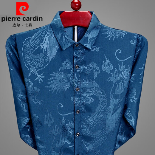 Pierre Cardin high-end men's long-sleeved shirt, iron-free casual shirt, Chinese dragon pattern, middle-aged spring and autumn mulberry silk, thin style, white 170/84A