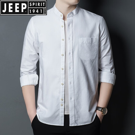 Jeep spirit stand-up collier denim shirt masculin à manches longues à manche à manches longues mince cou rond coule et automne haut de gamme de glace bleue chemise décontractée 11162 blanc 165