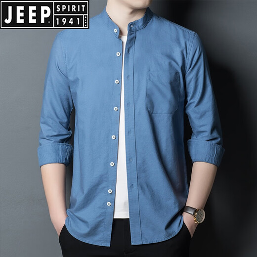 Jeep spirit stand-up collier denim shirt masculin à manches longues à manche à manches longues mince cou rond coule et automne haut de gamme de glace bleue chemise décontractée 11162 blanc 165