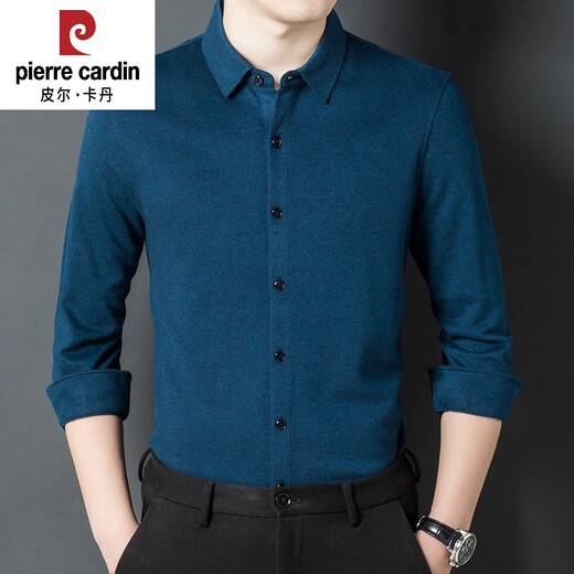 Pierre cardin high-end men's shirt with wool long sleeves warm autumn and winter business middle-aged thickened wool shirt comfortable and versatile blue vertical lines 826 vertical lines XL 175 suggest 140Jin [Jin equals 0.5 kg]/160Jin [Jin equals 0.5 kg]