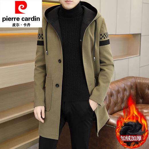 Pierre Cardin 2024 winter men's hooded windbreaker mid-length handsome casual velvet thickened woolen coat 37 Khaki (velvet) 3XL 155-170Jin Jin equals 0.5 kg