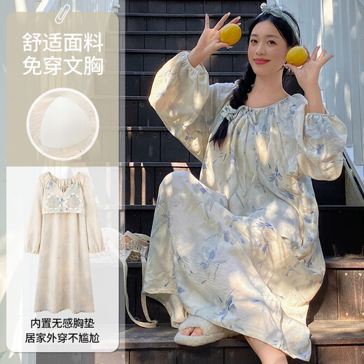 Yilaiting Nachthemd mit Brustpolster für Frauen im Herbst und Winter lange Ärmel Wolkenwolkenwarenary Style Long Kleid Pyjamas Frauen Heimkleidung Sommer ZH-AM13063 M