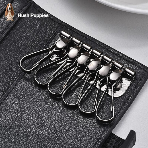 Hush Puppies key bag men's key bag key chain multi-functional top layer cowhide large capacity storage bag card bag two-in-one black