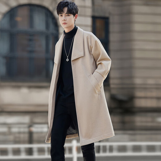 ROMON men's windbreaker mid-length woolen coat spring and autumn high-end knee-high windbreaker business woolen coat apricot XL