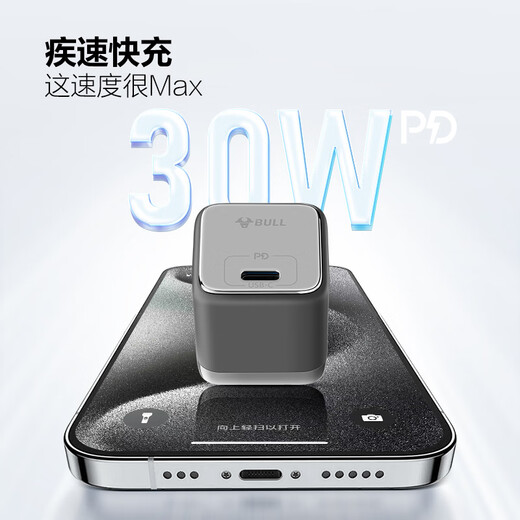 Bull 30W GaN charger iPhone16ProMax Fast Charging Type-C Charging Head Applicable to 15/14/iPad Mobile Phone Tablet USB-C Plug Pebble Gray