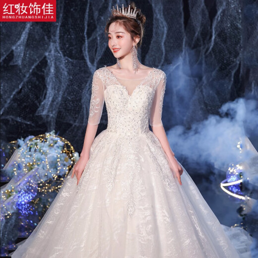 Red makeup Jia Zhu wedding dress bride mid-long sleeve super fairy starry sky tail dreamy forest bride wedding dress 2021 new light champagne floor-length L
