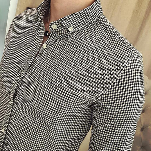 MGJO flannel shirt men's plaid shirt men's long-sleeved 12 spring and autumn high-end inner wear Korean version trendy slim and handsome no-iron casual business shirt 9923 small grid black XL 130Jin Jin equal to 0.5 kg to wear