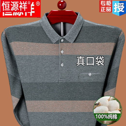 恒源祥男装春秋季中老年纯棉长袖T恤男翻领爸爸装真口袋宽松打底衫上衣 HJ-9902兰色长袖 165-M【95-120斤】