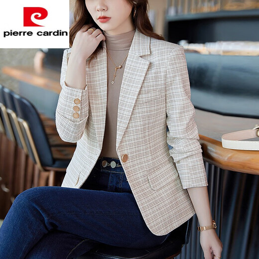 Pierre Cardin Plaid Small Suit Women's Short Fashion Casual Long Sleeve Women's Professional Suit Cardigan Jacket New Temperament Top Green Suit (Coat Women) XL 116-125Jin Jin equals 0.5 kg
