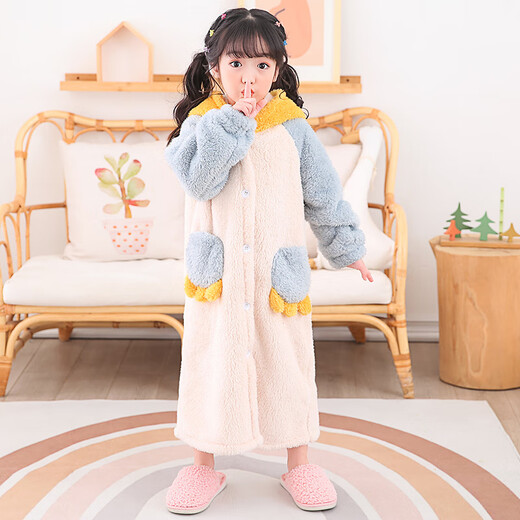 Children's pajamas autumn and winter bathrobe coral velvet lengthened to ankles thickened flannel dinosaur boys and girls home clothes small dinosaur hooded dark green thickened coral velvet 160