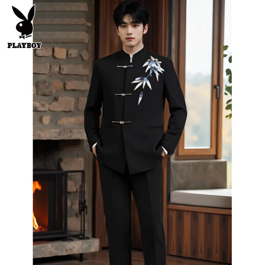 Playboy New Chinese Mao Suit Suit Groom Wedding Suit Toast Suit Casual Retro Tang Suit Black Bamboo Leaf Embroidered Single Jacket M