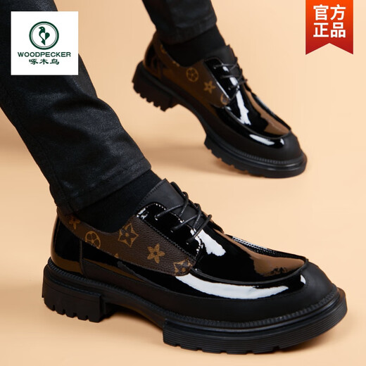 Woodpecker Men's Leather Shoes Genuine Leather Casual Glossy Round Toe British Style Leather Shoes Men's Business Formal Inner Height Thick Sole Trendy Shoes Black Regular Style 39