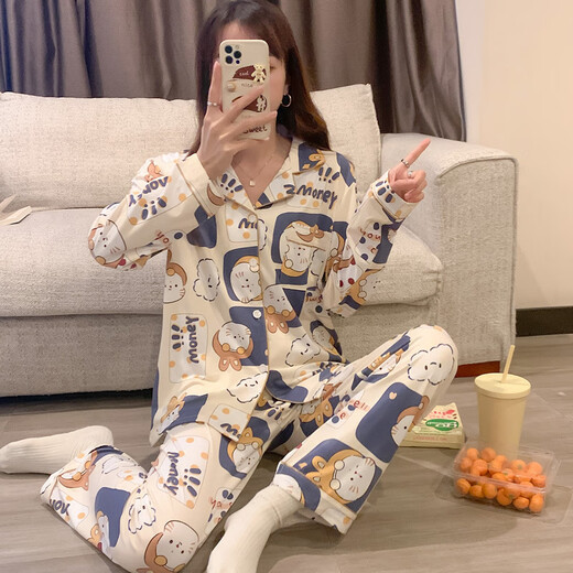 
REJIP spring and autumn cotton pajamas women ins cute cartoon lapel cardigan loose thin style can be worn outside home clothing set 9227 XL