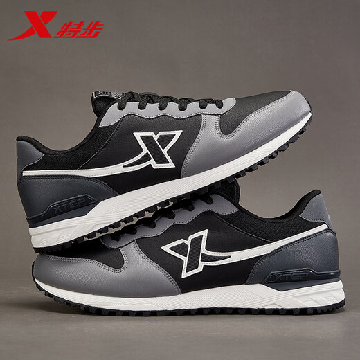 XTEP-Herrenschuhe, Sportschuhe, Herbst-Lederschuhe, Laufschuhe, nicht rutschfeste Kear-resistente Netzschuhe, lässige Jogging-Schuhe, Herrenschwarz/Rauchgrau/Holzkohle Ash-722 43 43